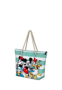 Bolso de lona con rayas turquesa y blancas, que presenta coloridos personajes de dibujos animados. Asas de cuerda trenzada y detalle de cierre con cremallera.