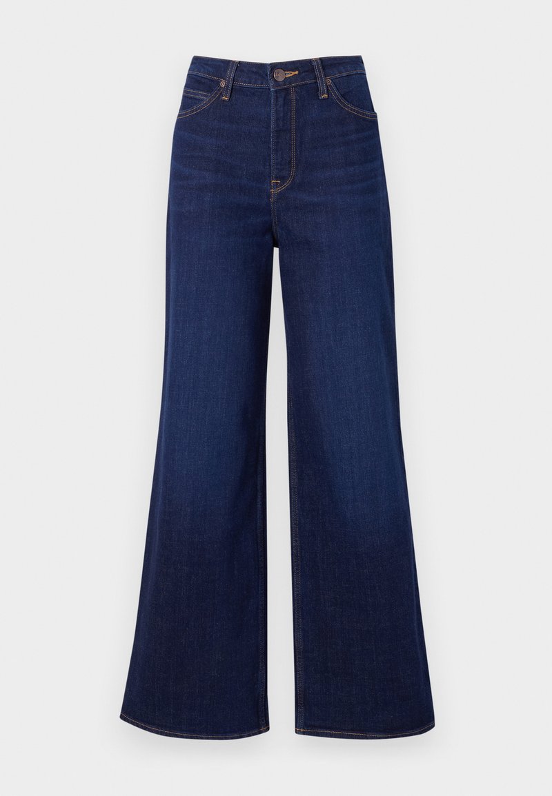 Ciemnoniebieskie dżinsy typu wide-leg wykonane z denimu, z wysokim stanem, pięcioma kieszeniami oraz kontrastowym pomarańczowym przeszyciem wzdłuż szwów.