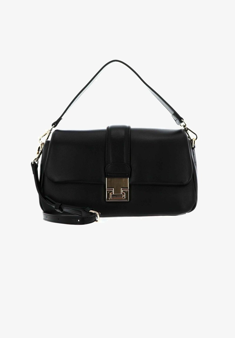 Sac à main en cuir noir de forme rectangulaire, avec rabat avant et fermeture métallique. Dispose d'une bandoulière amovible et d'un design élégant.