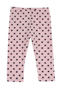 Roze legging gemaakt van zachte stof, met een herhaald navyblauw strikpatroon over de hele lengte, en een elastische tailleband voor comfort.