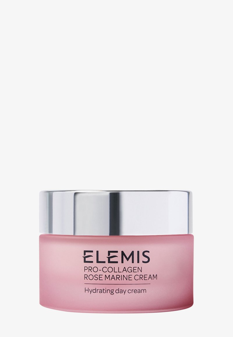 Pot rose de crème de jour hydratante Elemis Pro-Collagen Rose Marine avec couvercle argenté sur fond blanc.