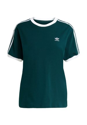 Tmavě zelené bavlněné tričko s bílými akcenty na límci a rukávech, s minimálním brandingem na hrudi a třemi bílými pruhy po stranách.