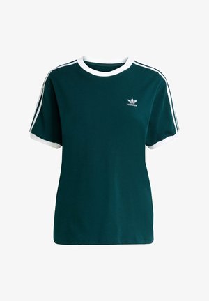 Mørkegrøn bomulds T-shirt med hvide detaljer på kraven og ærmerne, prydet med minimal branding på brystet og tre hvide striber på siderne.