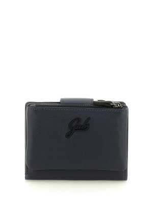 Portafoglio compatto in pelle nera con chiusura a scatto e piccolo scomparto con zip in alto, con il logo "Gabs" sul davanti.