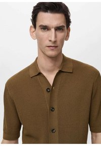 Brun kortærmet polo skjorte med et struktureret strikdesign, to sorte knapper og en klassisk krave.