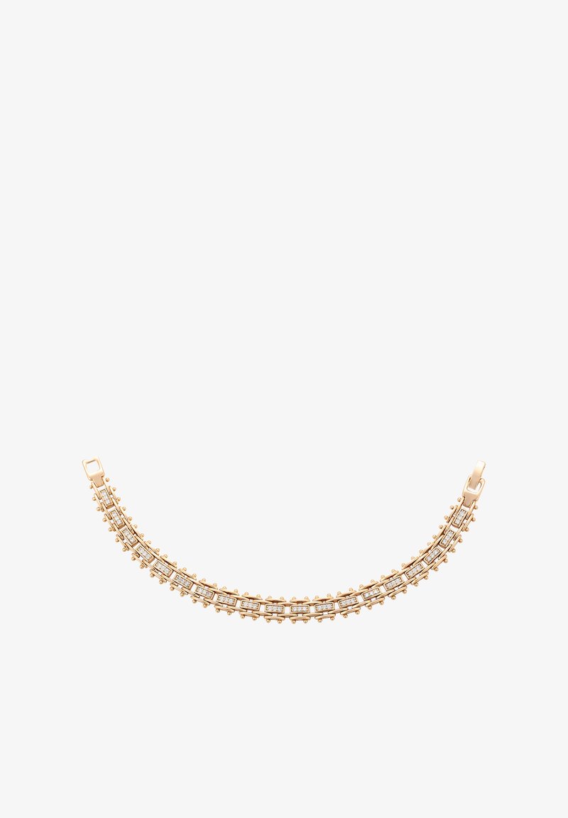 Kultaketju, jossa on suorakaiteen muotoisia linkkejä, joiden sisällä on pieniä timantteja, ja koristeellisia helmiakselointeja reunoilla.