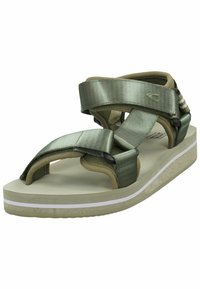 Green fabric sandals with crossed straps, cushioned footbed, and rubber sole. Features a light-colored platform with a white stripe detail.