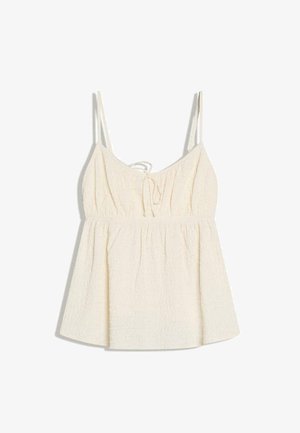 Top bej deschis fără mâneci, cu bretele subțiri, bust adunat, detaliu cu nod în centru și croială lejeră, ușor evazată sub talie.