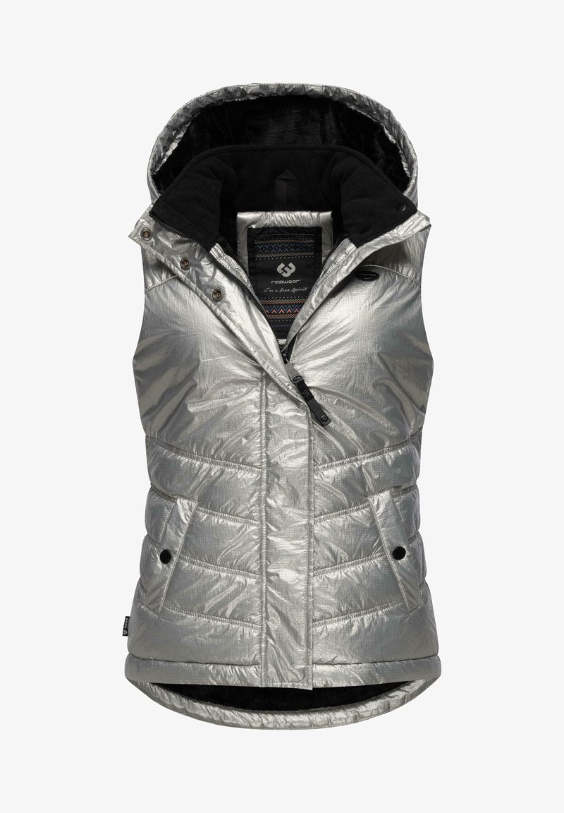 Silberner, gepuffter Weste mit Kapuze, glänzender Oberfläche, Reißverschluss und Seitentaschen. Der Innenfutter ist schwarz mit einem gemusterten Saum.