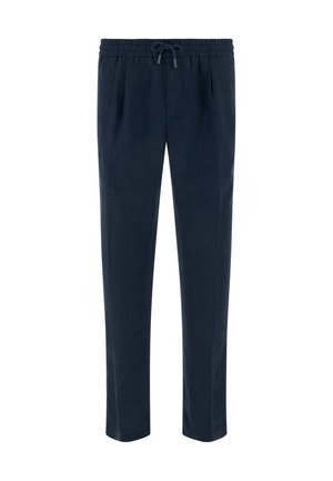 Pantalones azul marino de pierna recta con cintura elástica y cordón delantero, con bolsillos laterales y ajuste entallado.