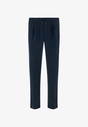 Pantalones azul marino de pierna recta con cintura elástica y cordón delantero, con bolsillos laterales y ajuste entallado.