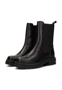 Botas de cuero negro hasta el tobillo con paneles laterales elásticos y suela de goma robusta. Textura suave, punta redondeada y tiradores para un fácil calzado.