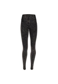 Leggings in denim nero a vita alta con un effetto sbiadito, caratterizzati da cuciture a contrasto e una vita elastica per una vestibilità aderente.
