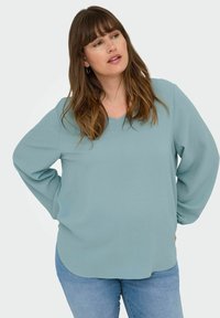 Svetlo modra bluza z dolgimi rokavi in V-izrezom, mehka tekstura, sproščen kroj in zaobljen rob. V paru z modrimi kavbojkami.