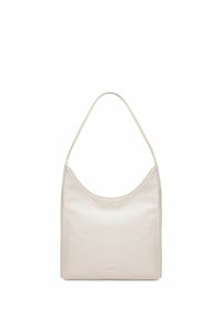 Jasno beżowa skórzana torebka hobo o gładkim wykończeniu, z dużym otwarciem i pojedynczym, zaokrąglonym paskiem na ramię. Płaski, bezszwowy design.