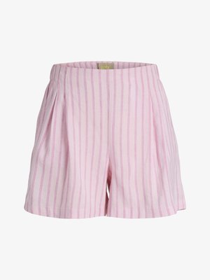 Rosa shorts med vertikale røde striper, en skreddersydd midje og folder foran.