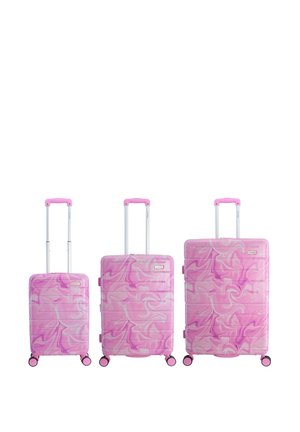 Three pink marble-patterned hardshell suitcases with extendable handles and spinner wheels, varying in size from small to large.