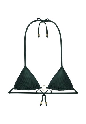 Ciemnozielony stanik bikini, trójkątne miseczki o prążkowanej fakturze, złote okrągłe elementy na środku oraz cienkie troczki z złotymi akcentami.