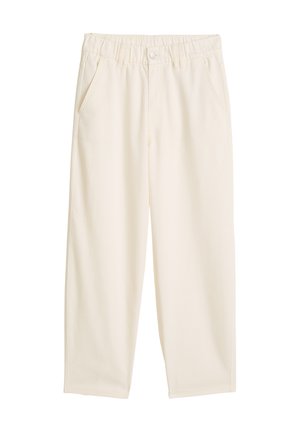 Cream-colored straight-leg pants with an elastic waistband, button closure, and side pockets, displayed on a white background.