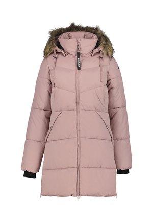 Chaqueta acolchada rosa con capucha forrada de piel sintética, cierre de cremallera y puños acanalados. Presenta secciones acolchadas y dos bolsillos laterales.