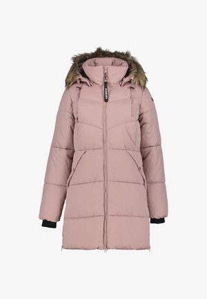 Chaqueta acolchada rosa con capucha forrada de piel sintética, cierre de cremallera y puños acanalados. Presenta secciones acolchadas y dos bolsillos laterales.