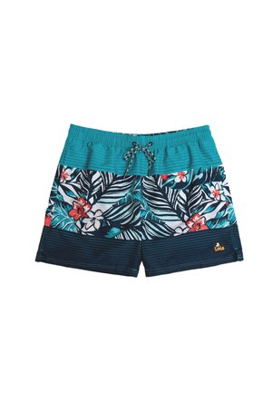 Bañador de hombre con cintura en color azul verdoso, estampado de hojas tropicales y flores rojas, banda inferior negra y cordón delantero para ajustar.