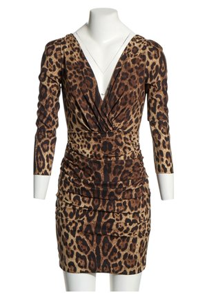 Mini-robe à manches longues pour femme à imprimé léopard, col en V profond et détails froncés autour de la taille et des hanches sur mannequin blanc.