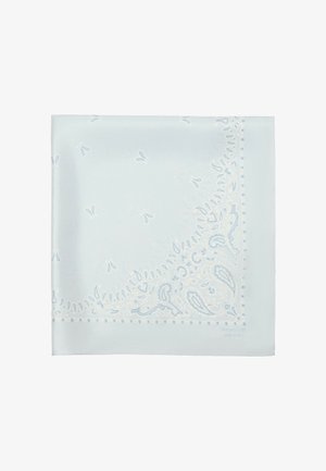 Lichtblauw zijden zakdoekje met subtiele paisley- en bloemmotieven langs de randen en verspreide kleine motieven in het midden.