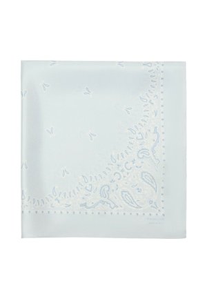 Mouchoir en soie bleu clair avec des motifs paisley et floraux subtils le long des bords et de petits motifs dispersés au centre.