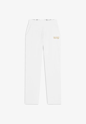 Pantalones de chándal de mezcla de algodón blancos con un logo dorado "FREDDY", cintura elástica, bolsillos laterales y diseño de pierna recta.