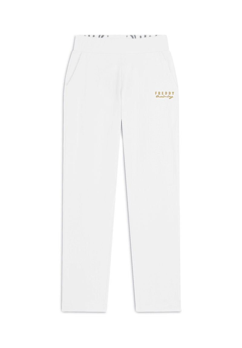 Pantalones de chándal de mezcla de algodón blancos con un logo dorado "FREDDY", cintura elástica, bolsillos laterales y diseño de pierna recta.