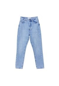 Hellblaue Denim-Jeans mit hoher Taille, geradem Bein, subtilen Used-Details und Fünf-Taschen-Design.