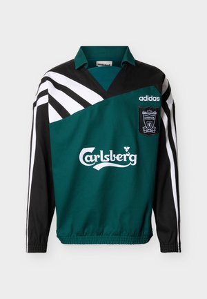 Liverpool FC grün-schwarzes Vintage Adidas Langarm-Trainingsoberteil mit weißen Streifen und Carlsberg Sponsor-Logo.