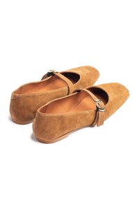 Zapatos planos Mary Jane de ante marrón con punta puntiaguda, tira Mary Jane y detalle en metal dorado. Suela plana con forro interior suave.