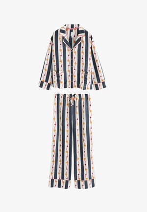 Set di pigiama in cotone composto da una camicia con bottoni, colletto a revers e tasche frontali, design a righe in blu navy, bianco e vivaci motivi floreali; vita elasticizzata.