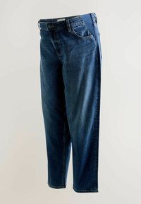 Blugi din denim în albastru închis, cu croială lejeră, buzunare standard și talie elastică contrastantă pentru confort. Tiv curat.