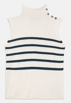 Weißes ärmelloses Rollkragenoberteil mit navyblauen horizontalen Streifen. Mit drei Knöpfen an der Schulter. Hergestellt aus einem Strickstoff.