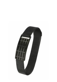 Reloj con correa de malla negra que presenta una esfera rectangular negra con un patrón de rejilla. La correa es flexible y texturizada para mayor comodidad.