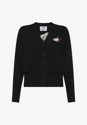 Cardigan nero con bottoni, due tasche frontali e un piccolo volto di Snoopy ricamato sul petto con cuori rossi.