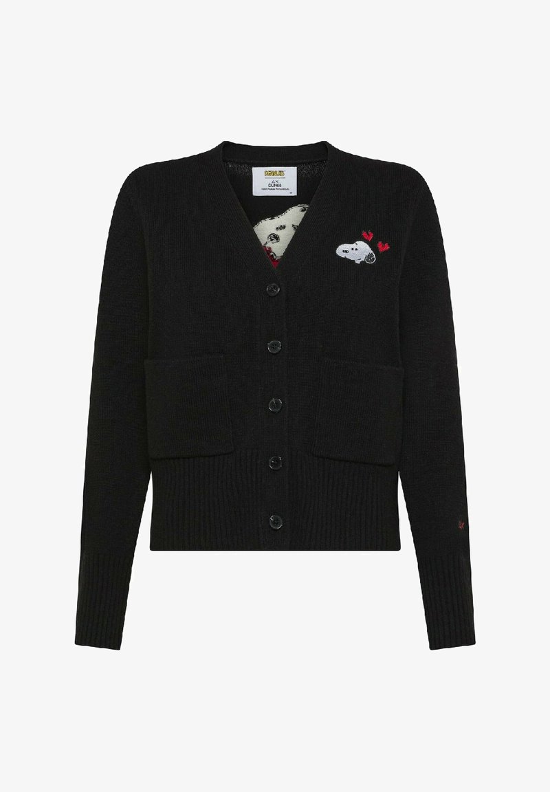 Cardigan nero con bottoni, due tasche frontali e un piccolo volto di Snoopy ricamato sul petto con cuori rossi.