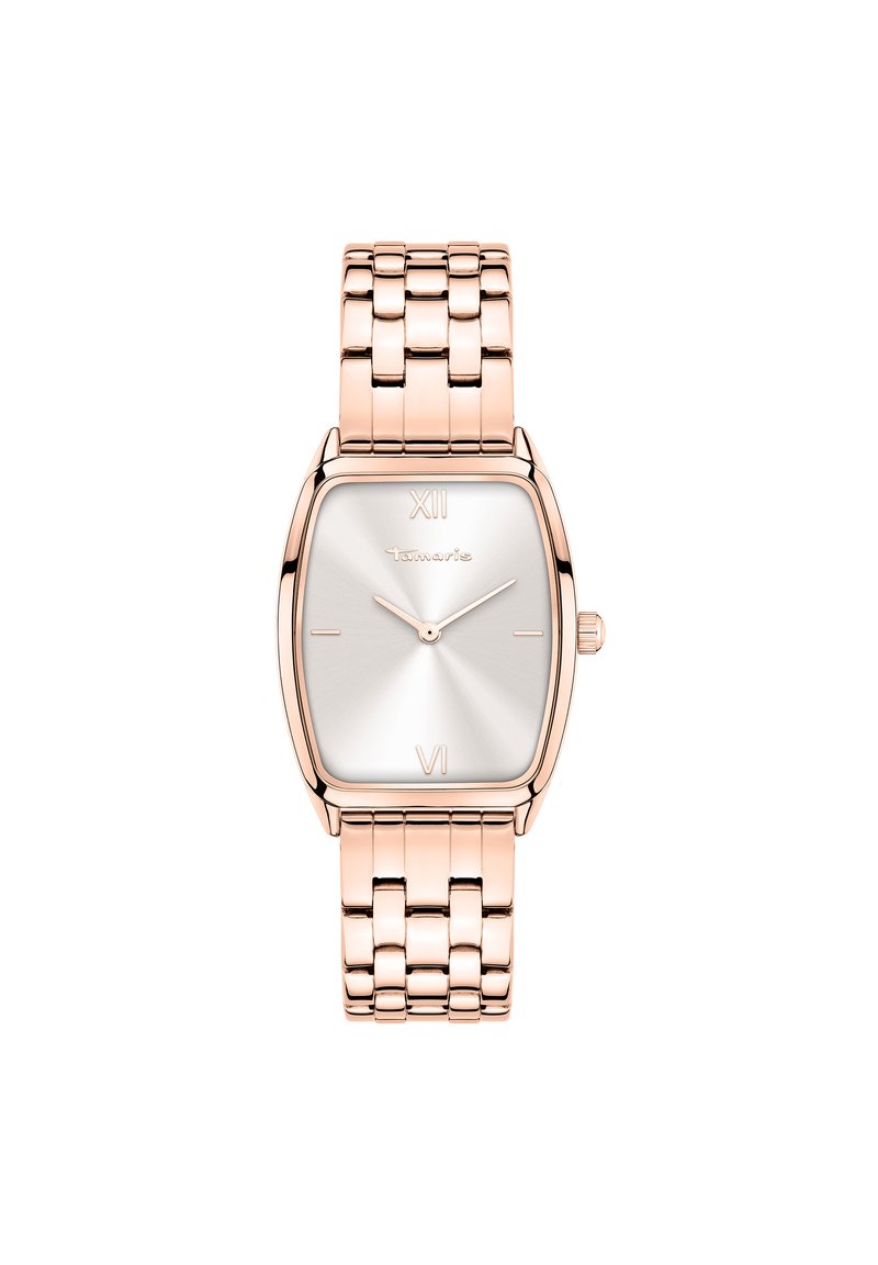 Rosé-gold Armbanduhr mit rechteckigem Ziffernblatt, silbernem Zifferblatt, arabischen Ziffern XII und VI sowie einem verlinkten Metallarmband.