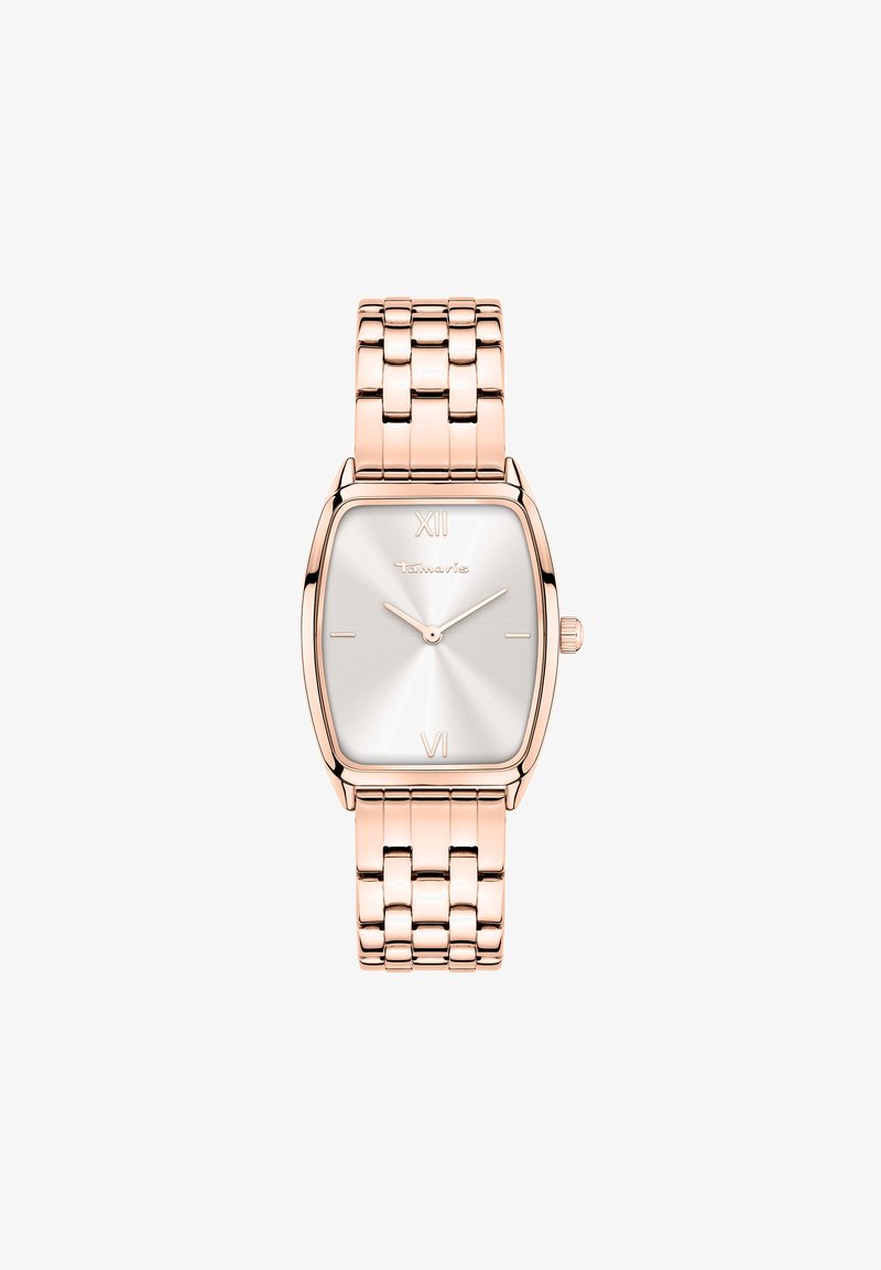 Rosé-gold Armbanduhr mit rechteckigem Ziffernblatt, silbernem Zifferblatt, arabischen Ziffern XII und VI sowie einem verlinkten Metallarmband.