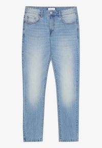 Ljust blåa slim-fit jeans med fram- och bakfickor, knappstängning och urtvättade detaljer längs låren och knäna.