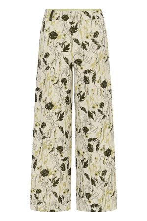 Wide-leg cream pants with green and black floral and leaf print, featuring a fitted waist and relaxed fit.