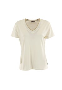 Crème V-hals T-shirt met korte mouwen, gemaakt van zachte stof. Heeft een contrasterende biezing langs de halslijn. Klassieke, losse pasvorm.