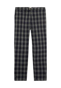 Spodnie w kratę w ciemnym granacie i szarości, z zapięciem na guzik, prostymi nogawkami oraz teksturą przypominającą wełnę o miękkim wykończeniu.