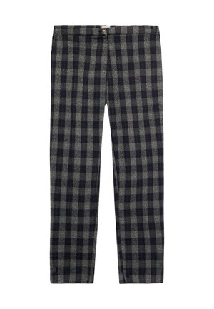 Pantalons à carreaux en bleu marine foncé et gris, dotés d'une fermeture à bouton, de jambes droites et d'une texture semblable à de la laine avec une finition douce.