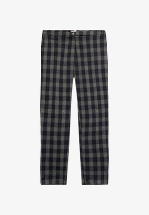 Gekeurde broek in donker marineblauw en grijs, met een knoopsluiting, rechte benen en een wolachtige textuur met een zachte afwerking.