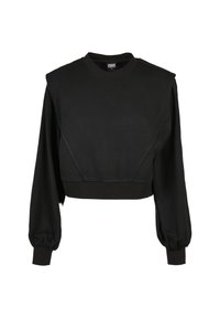 Sweat-shirt court noir avec manches longues bouffantes et poignets côtelés, encolure ronde et détails de coutures géométriques sur le devant.