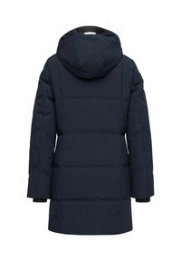 Marineblauwe geïsoleerde parka met een capuchon, voorzien van een gequilt ontwerp, lange mouwen en contrasterende zwarte manchetten.